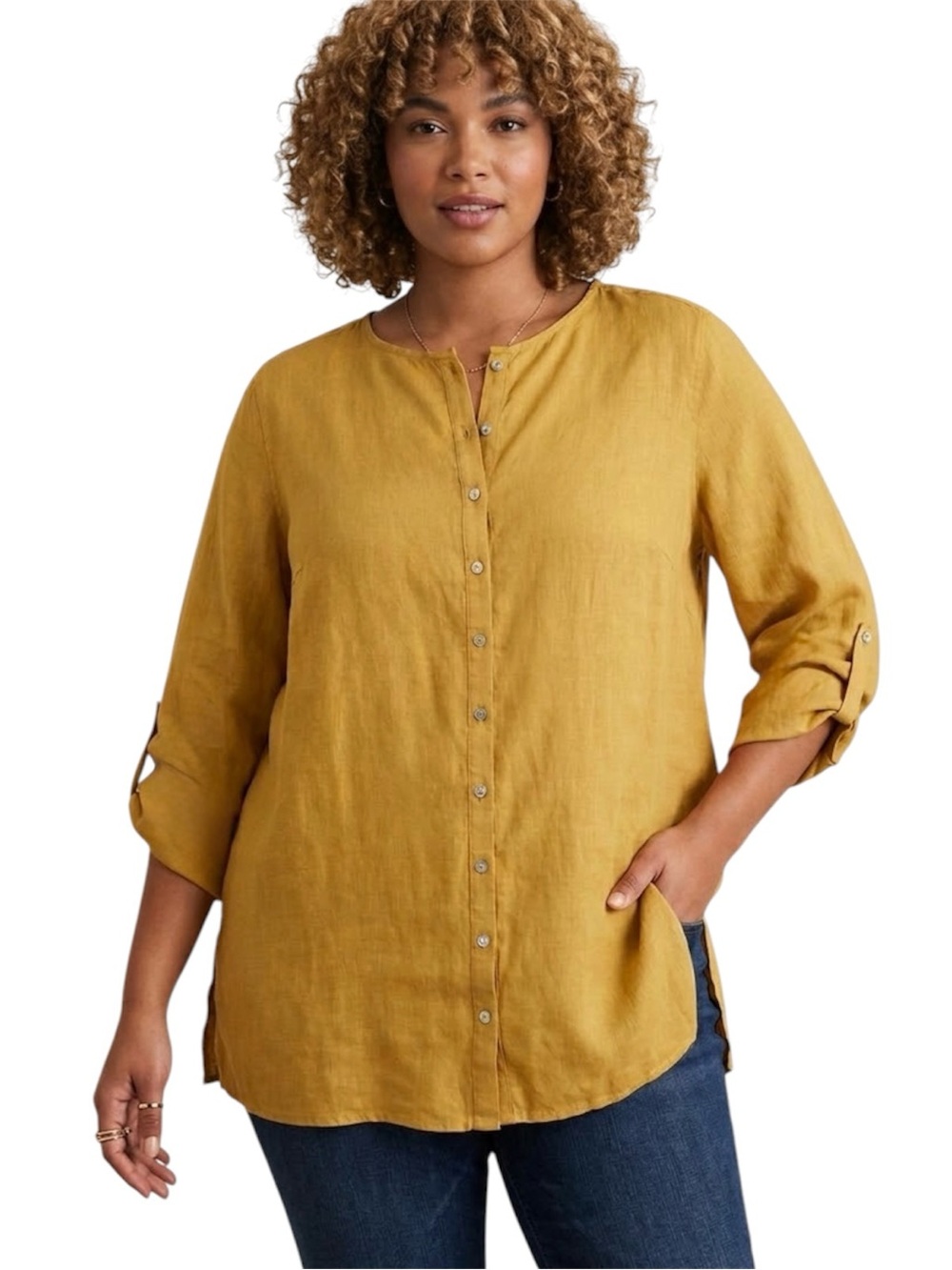 Tahari 100% Linen Mustard Yellow Button-Up Tunic Shirt Size 1X